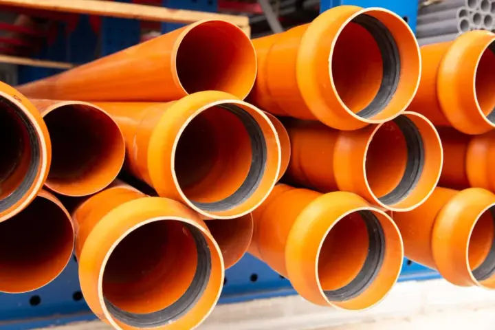 Tubos de PVC naranja apilados, listos para ser instalados en exteriores. Perfectos para proyectos de fontanería y drenaje.