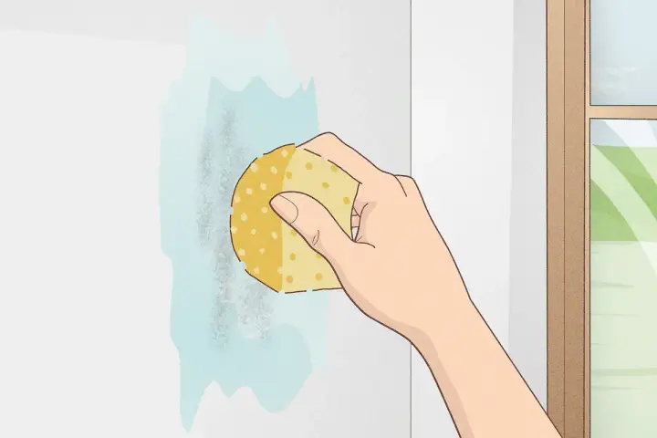 Mano limpiando una mancha en pared blanca con esponja y agua. Aprende como limpiar paredes blancas fácilmente.