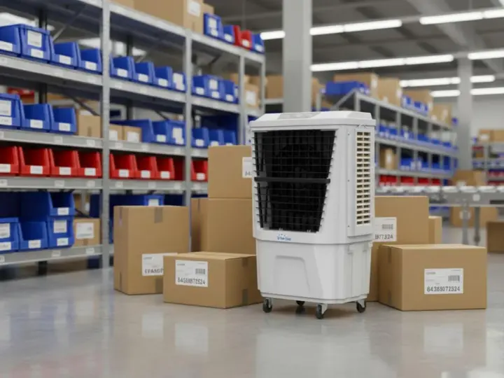Un climatizador evaporativo blanco con ruedas, rodeado de cajas de cartón y estanterías con contenedores azules y rojos en un almacén.