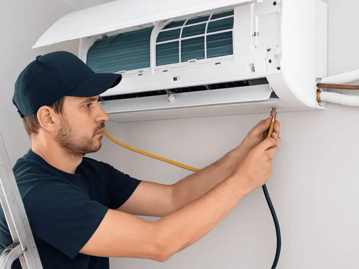 Técnico con gorra azul trabajando en la instalación de un aire acondicionado, conectando mangueras a la unidad interior.