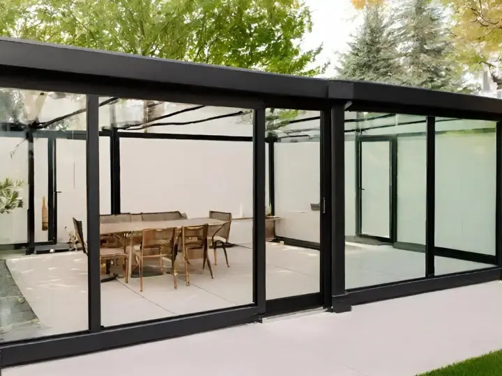 Elegante estructura de cristal para cerrar terraza, con mesa y sillas listas para disfrutar.