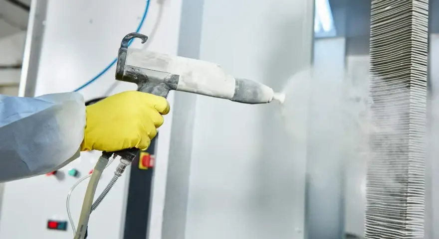 Proceso de quitar pintura de metal con pistola de chorro de arena.