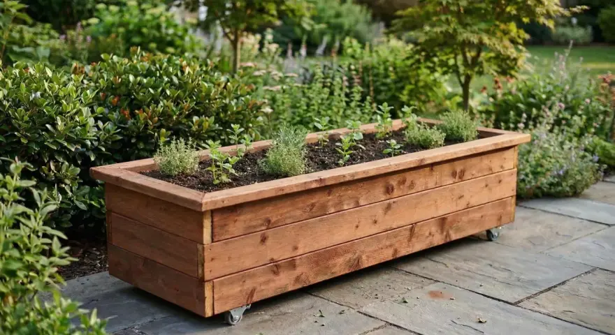 Jardinera de madera con ruedas, ideal para aprender como hacer una jardinera de madera y cultivar hierbas aromáticas en tu patio.