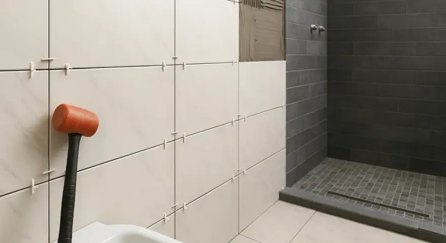 Martillo de goma junto a azulejos listos para alicatar baño. Ducha con azulejos oscuros al fondo.