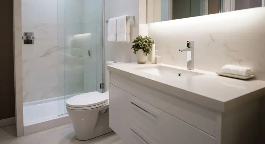 Moderno baño con ducha de cristal y lavabo blanco. Las paredes lucen un elegante revestimiento de mármol, ideal para un revestimiento paredes baño sin obras.