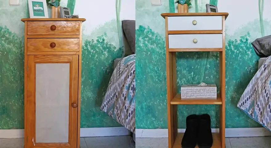 Ideas para pintar mesitas de noche: antes y después de renovar un mueble de madera con cajones y puertas, junto a una cama.