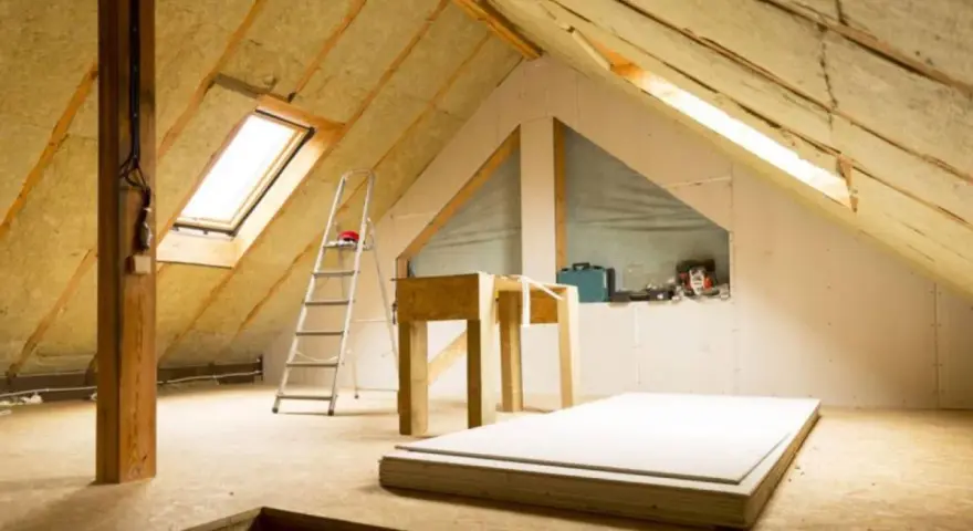 Techo interior en proceso de aislamiento. Se ve el aislante térmico para techos interiores, escalera, materiales de construcción y una ventana de tejado.