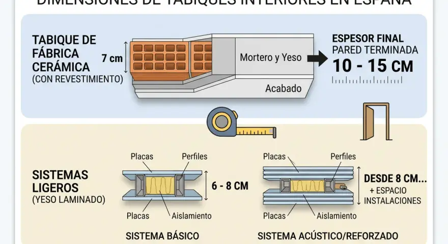 Ilustración compara tipos de tabiques interiores: cerámica (10-15 cm) y sistemas ligeros (6-8 cm).