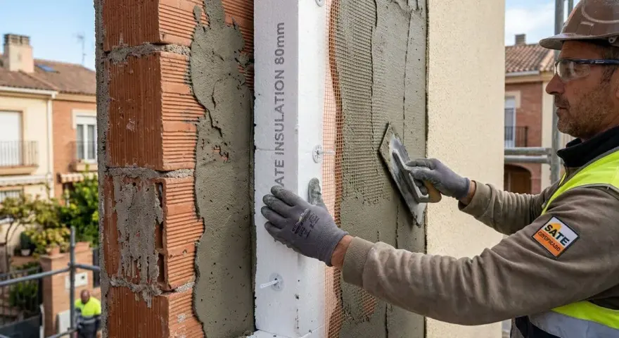 Obrero aplica mortero sobre aislamiento térmico en fachadas. El material SATE mejora la eficiencia energética.