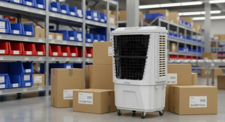 Un climatizador evaporativo blanco con ruedas, rodeado de cajas de cartón y estanterías con contenedores azules y rojos en un almacén.