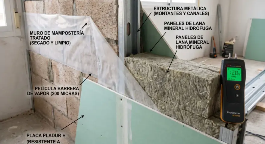 Detalle de cómo aislar una pared ya construida con lana mineral, barrera de vapor y placas de yeso laminado.