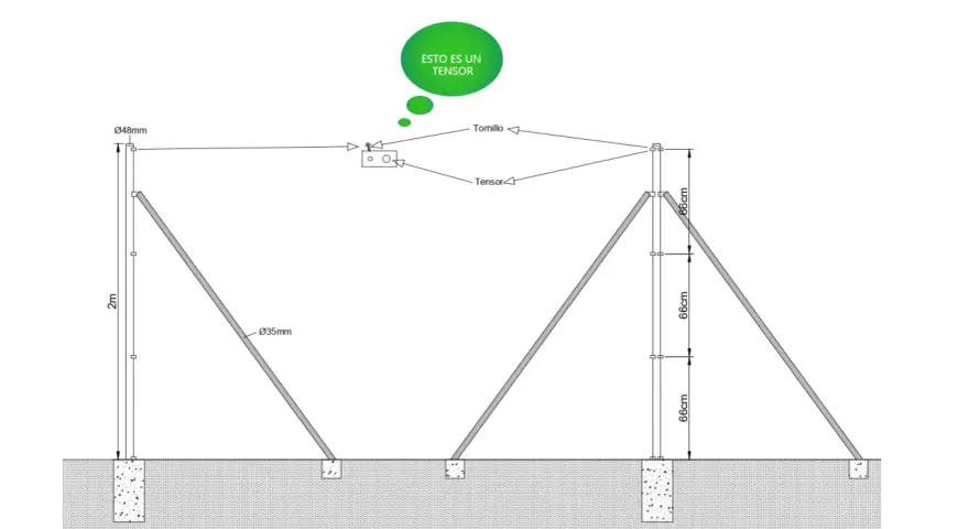 Diagrama de instalación de vallas metálicas con postes de 2m y soportes angulares. Incluye tensor y tornillo.