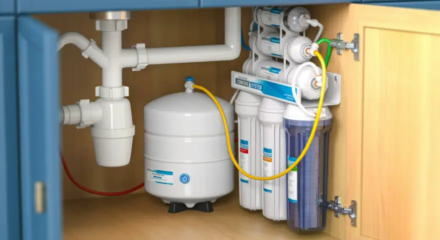 Sistema de ósmosis inversa instalado bajo el fregadero. Un tanque blanco y varios filtros de agua listos para instalar osmosis en casa.