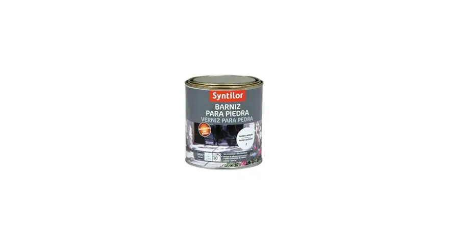 Lata de barniz para piedra Syntilor, ideal para proteger y embellecer superficies exteriores e interiores.