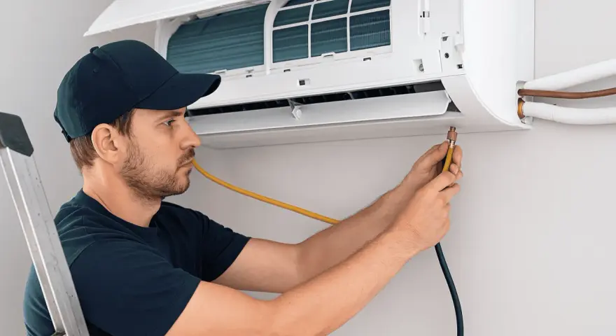 Técnico con gorra azul trabajando en la instalación de un aire acondicionado, conectando mangueras a la unidad interior.