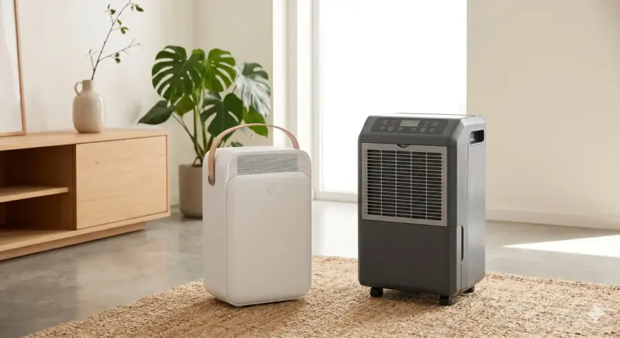 Dos tipos de deshumidificadores, uno blanco y portátil con asa de madera, otro gris con ruedas, en una sala de estar moderna.