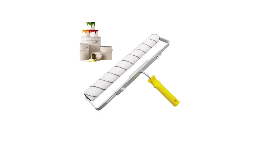 Rodillo de pintura blanco con rayas púrpuras y mango amarillo, junto a cubos de pintura. Explora los tipos de rodillos para pintar.
