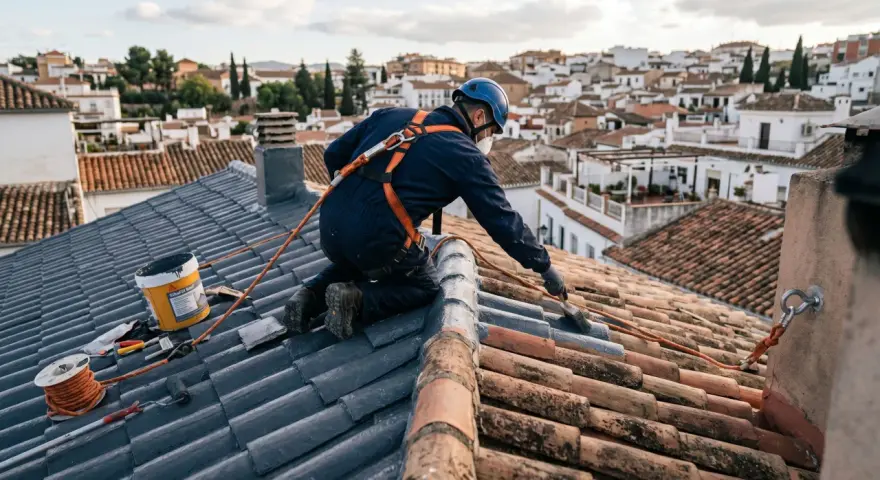 Trabajador realiza impermeabilización de tejados con pintura especial. Se ve equipo de seguridad y materiales.