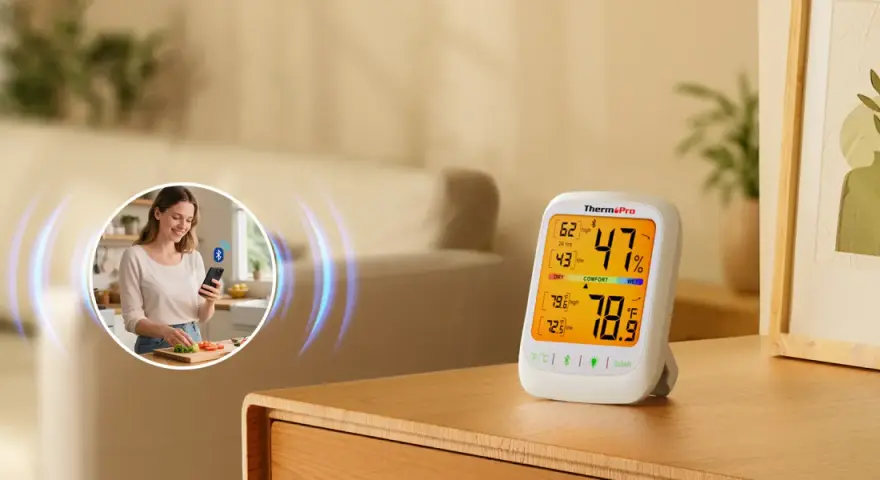 Un higrómetro digital muestra 47% de humedad y 78.9°F. Una mujer sonríe usando su teléfono en la cocina.