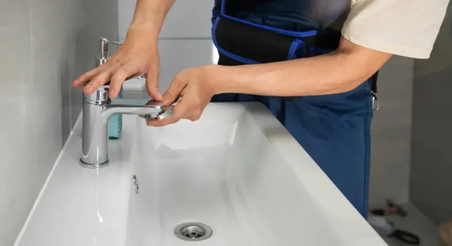 Man con mono azul trabajando para cambiar grifo lavabo. Manos ajustando la base del grifo cromado sobre el lavabo blanco.