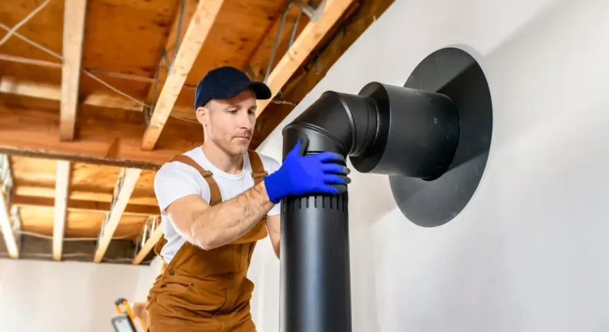 Instalador con guantes azules ensambla tubería negra para chimenea. Guía visual sobre como hacer una chimenea de obra.
