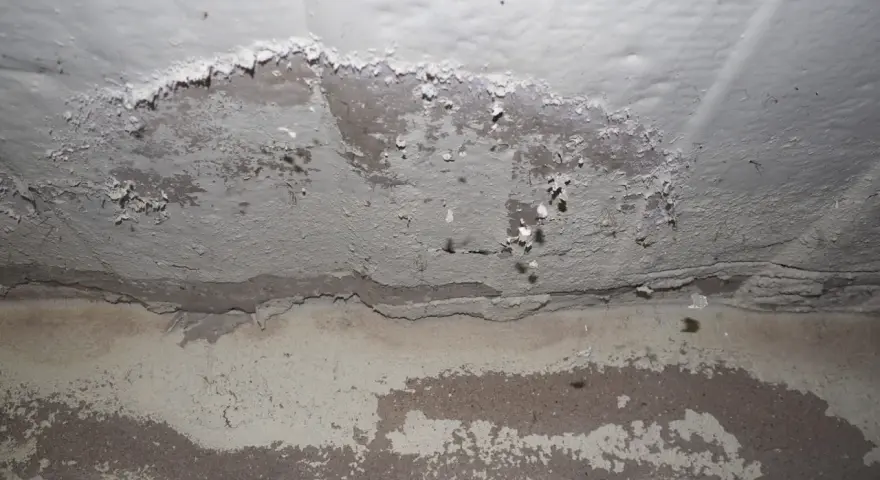 Pintura mineral descascarada en una pared, revelando capas de yeso y concreto debajo.