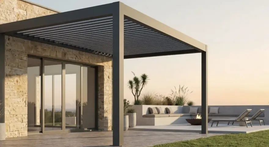 Moderna casa con terraza y **pérgola bioclimática** de lamas orientables. Sofá, tumbonas y hoguera invitan al relax.
