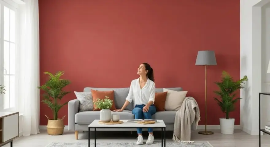 Mujer sonríe sentada en sofá gris, pared color terracota, lista para pintar casa.