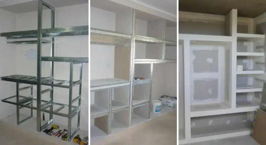 Construcción de un armario de pladur con estructura metálica y estantes. Se muestra el proceso desde el armazón hasta el acabado.