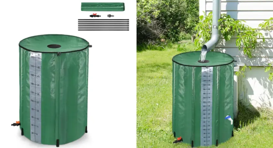 Inventos para recoger agua de lluvia: barril verde plegable con medidor de capacidad, ideal para jardines.