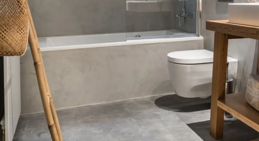 Baño moderno con bañera, inodoro suspendido y lavabo de madera. ¿Cuánto cuesta cambiar bañera por plato de ducha?