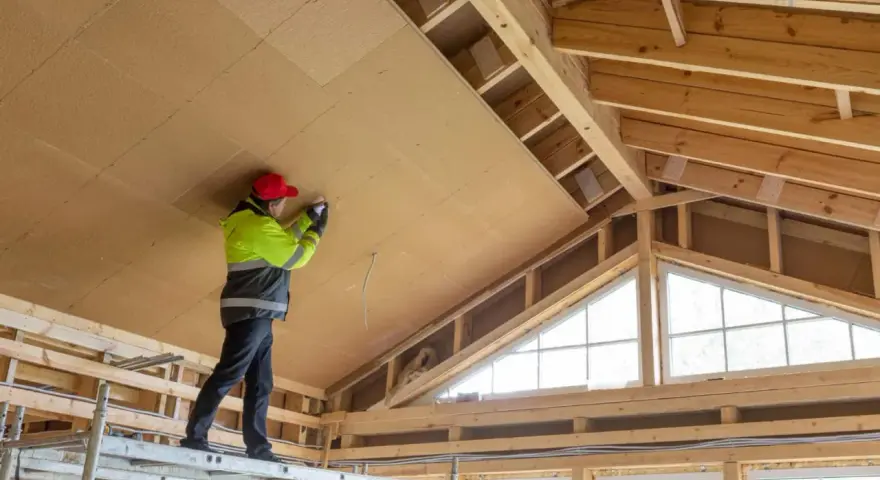 Trabajador en andamio instala paneles aislantes en el techo, parte de un proyecto para como aislar una casa ya construida.