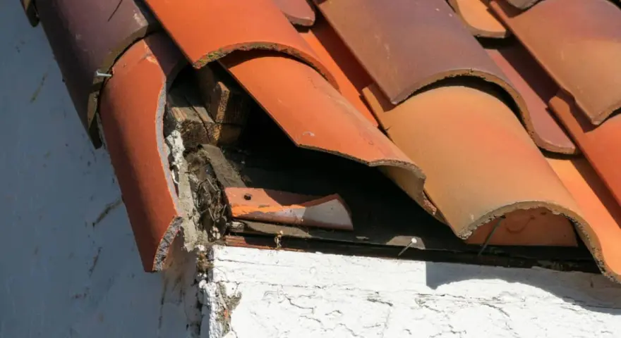 Tejas rotas y madera expuesta en un tejado antiguo, indicando la necesidad de reparar tejado antiguo.