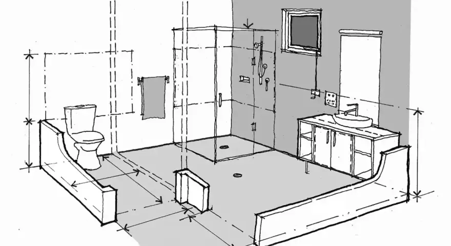 Boceto de un baño moderno con ducha, inodoro y lavabo. Se aprecian las medidas para la instalacion fontaneria baño.