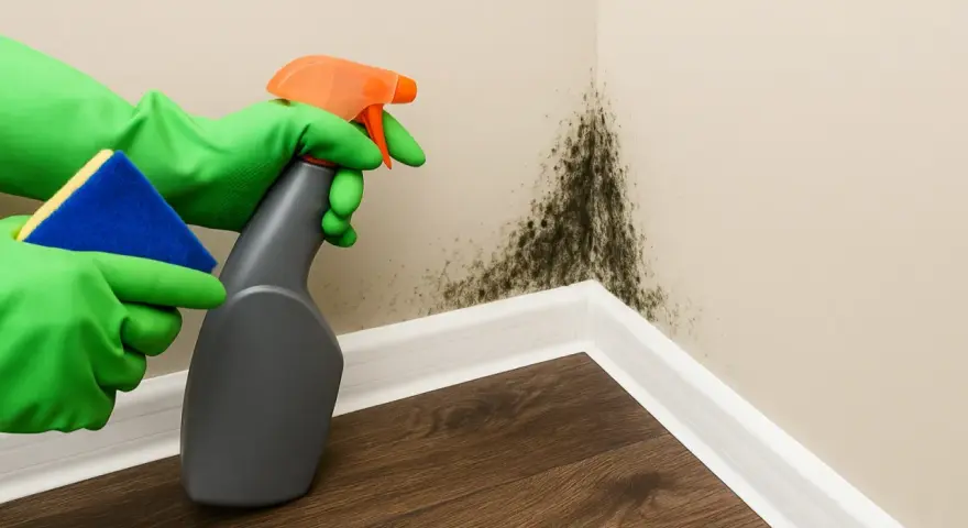 Manos con guantes verdes rociando y limpiando moho negro en la esquina de una pared, buscando quitar moho pared definitivamente.