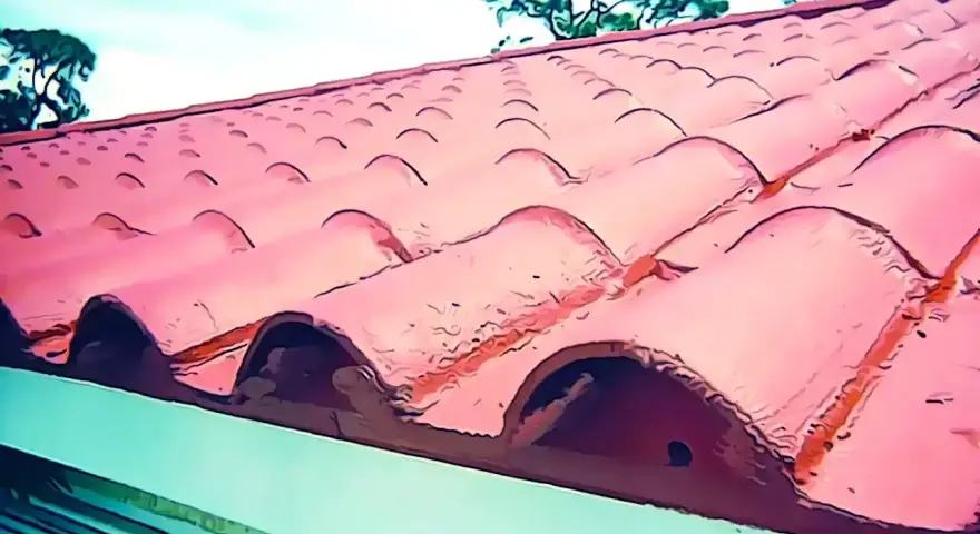 Tejas rojas de barro en un tejado, ideal para reparar tejado sin quitar tejas. Cielo azul y árboles al fondo.