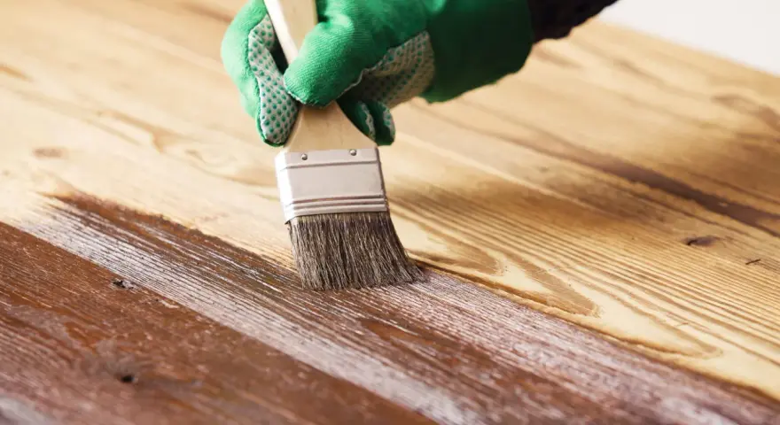Mano con guante verde aplicando barniz a madera. El proceso de barnizar madera protege y embellece la superficie.