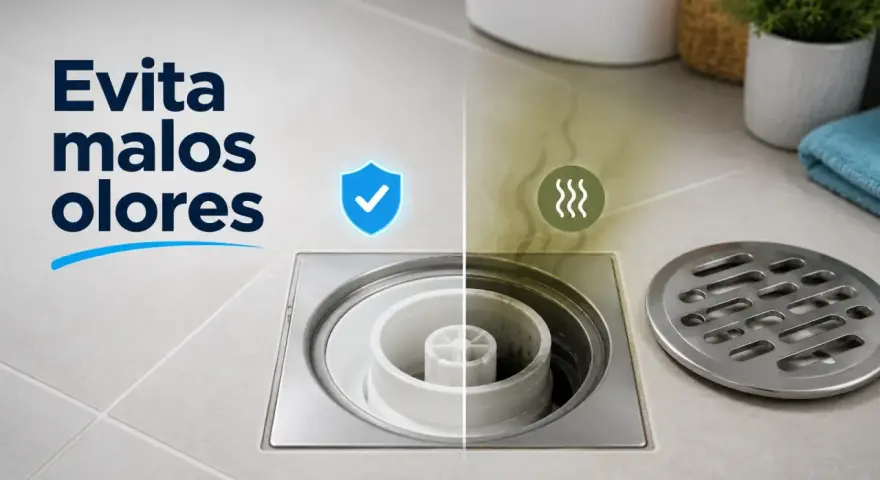 Comparativa de tipos de bote sifónico: uno limpio y protegido, y otro con malos olores.