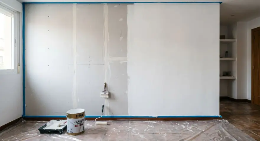 Preparativos para pintar pladur: cinta azul protege el suelo y la pared, cubos de pintura y rodillo listos para transformar la estancia.