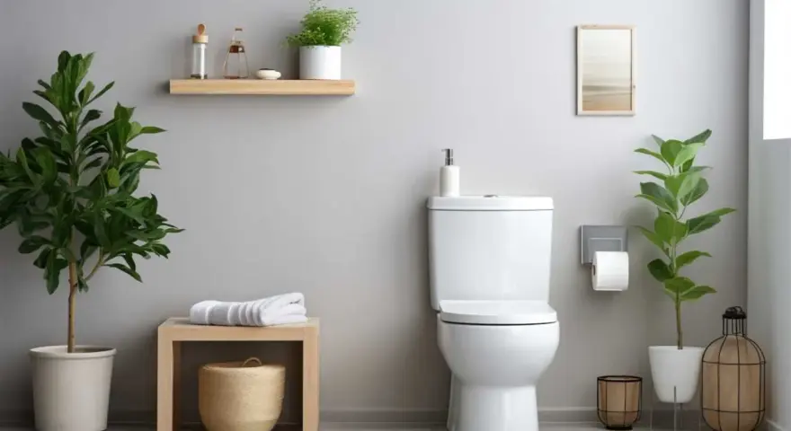Un baño moderno con un inodoro blanco, plantas verdes y un espejo. Se aprecian varios tipos de inodoro en el diseño.