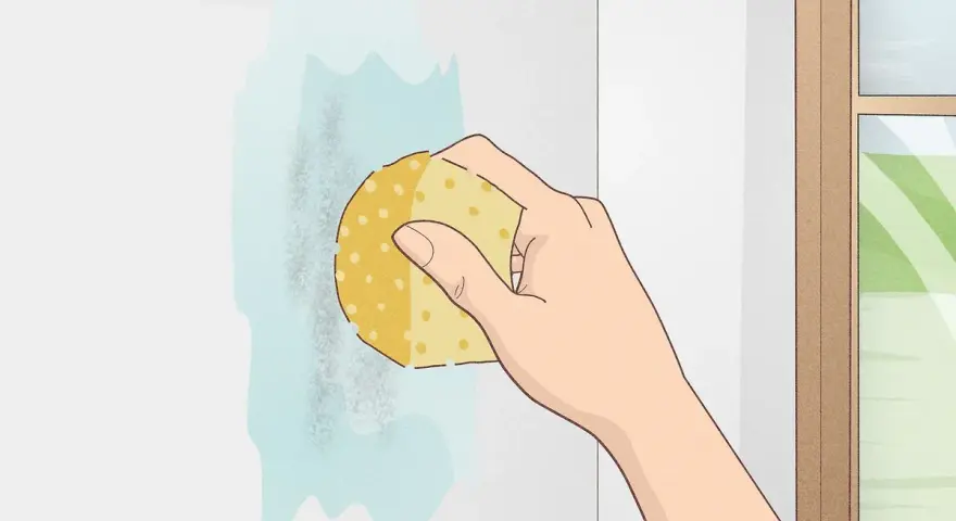 Mano limpiando una mancha en pared blanca con esponja y agua. Aprende como limpiar paredes blancas fácilmente.