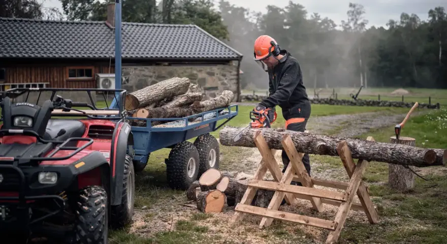 Hombre corta leña con motosierra, pensando cuál es la mejor leña para chimenea. Remolque con troncos y ATV al lado.