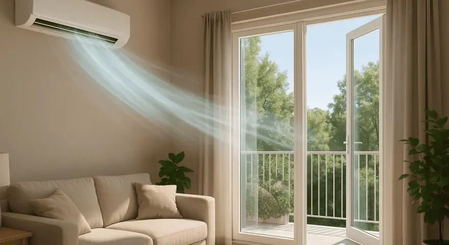 Aire fresco fluye desde el aire acondicionado, creando un ambiente confortable. Los sistemas de ventilación y extracción de aire mantienen el hogar fresco.