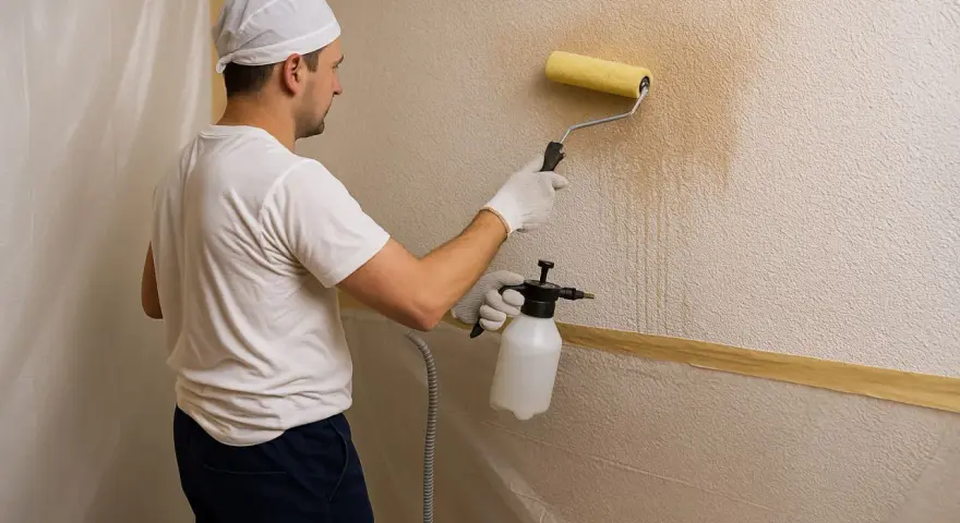Hombre con rodillo y pulverizador mojando la pared para quitar gotele con agua.