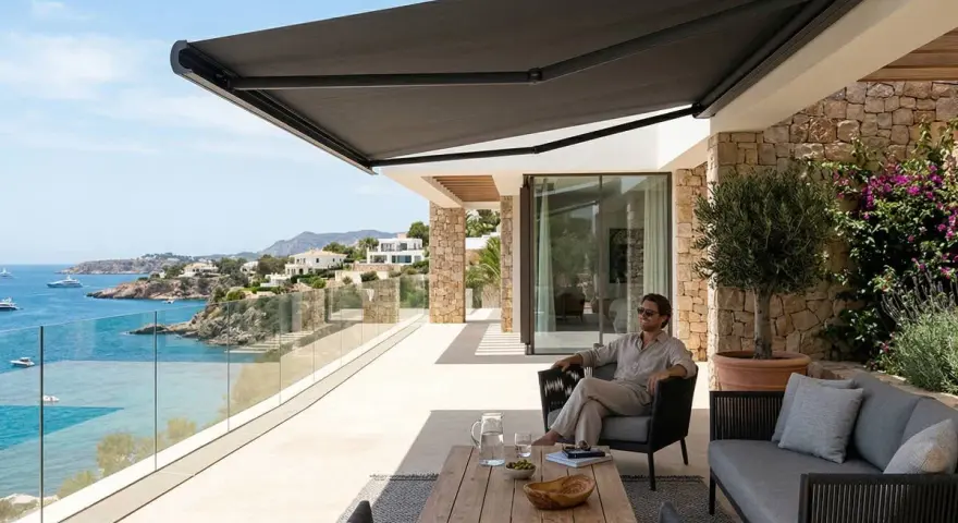 Hombre relajado en terraza con toldo oscuro, disfrutando de la vista al mar. Los colores de toldos de moda crean un ambiente moderno y elegante.