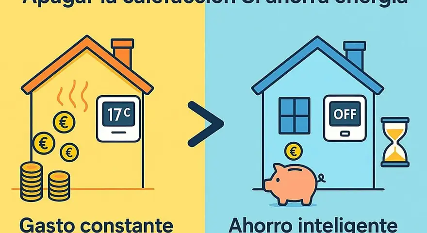 Apagar la calefacción es clave para como calentar una casa económicamente. La imagen muestra una casa con termostato a 17°C y monedas, frente a otra con calefacción apagada, hucha y reloj de arena.