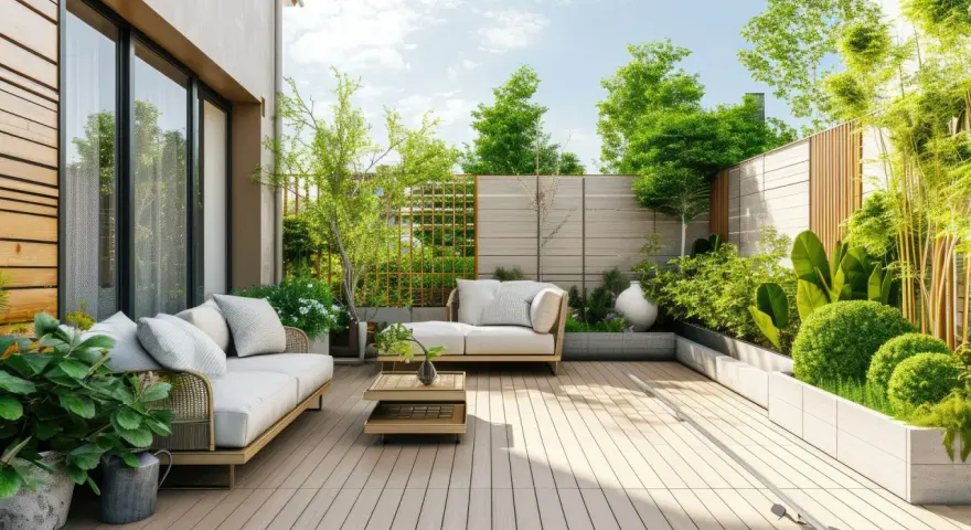 Terraza moderna con sofás, plantas y vallas de madera. Ideal para crear privacidad y como tapar la vista del vecino en terraza.