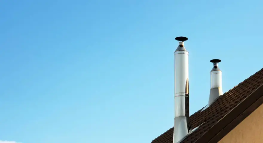 Dos tubos de chimenea metálicos se alzan sobre un tejado marrón contra un cielo azul claro. Es un día perfecto para aprovechar el calor del tubo de chimenea.