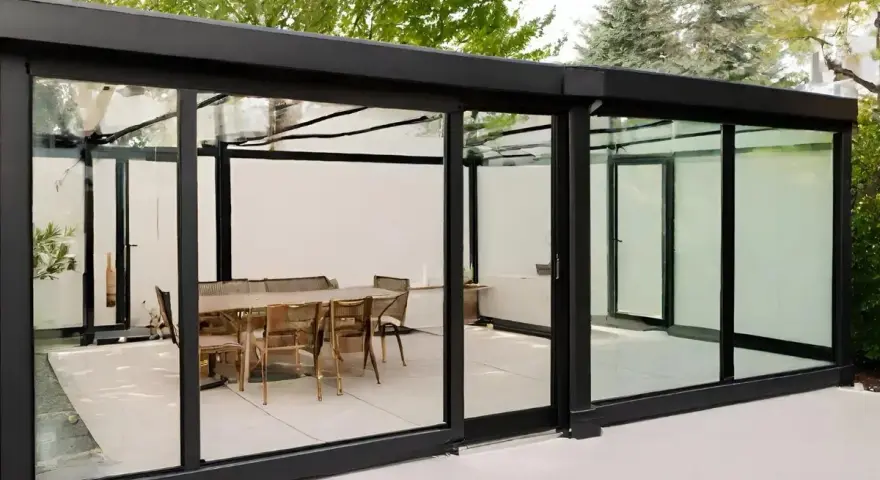 Elegante estructura de cristal para cerrar terraza, con mesa y sillas listas para disfrutar.
