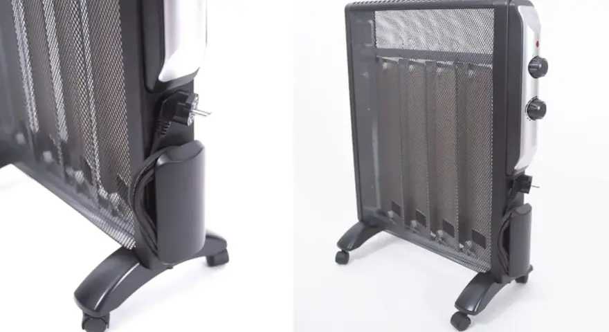 Radiador de mica portátil con ruedas y cable de alimentación. Ideal para calentar espacios.